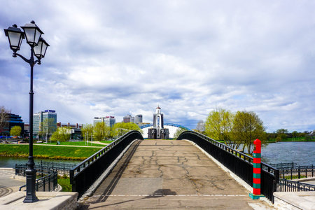 Minsk Sons of the Fatherland Monument on Little Island of Tears at Svislach River Bridge View