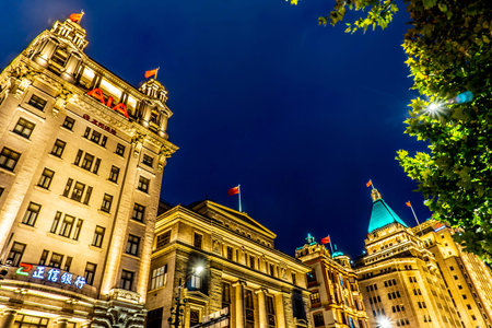 Shanghai The Bund Promenade Commercial Buildings at Night