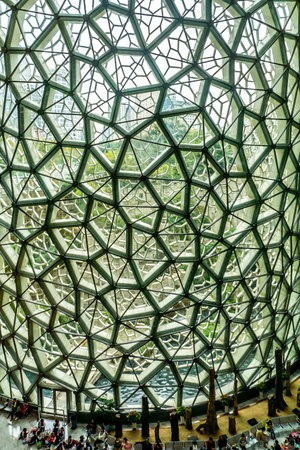 Shanghai Natural History Museum Interior View with Glass Wall and Pupils Making a Picnic