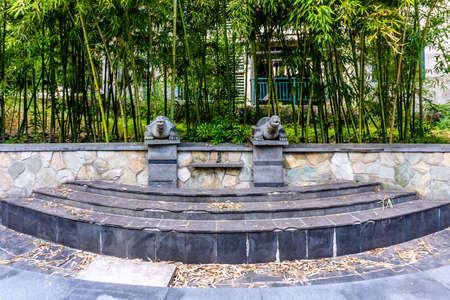 China Two Stone Turtles Sculptures with Bamboo Trees Backgroundの写真素材