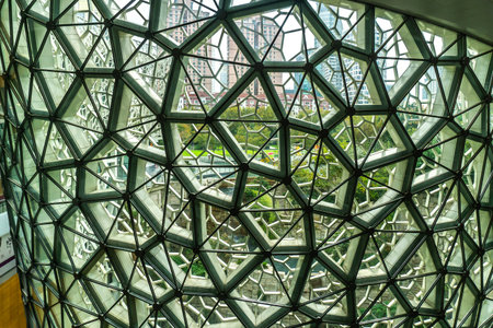 Shanghai Natural History Museum Interior View with Glass Wall and Highrise Apartment Buildings...