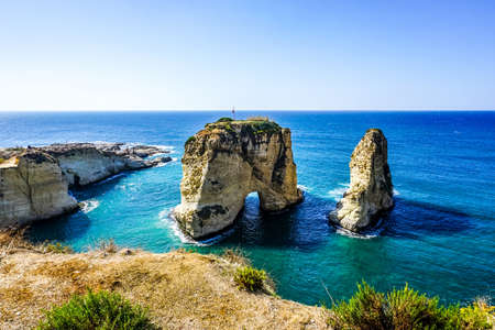 Beirut Raouche Pigeons Rock with Picturesque Sea Viewの写真素材
