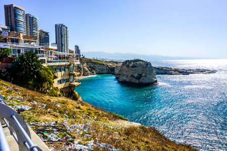 Beirut Raouche Pigeons Rock with Highrises and Sea Viewの写真素材