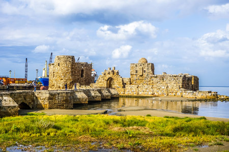 Sidon Crusaders Sea Castle Ruins with Picturesque Blue Sky Background