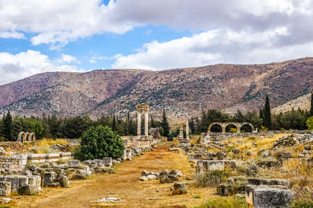Anjar Citadel Historical Landmark Panoramic View of Ruins with Syrian Border Mountain Peakの写真素材