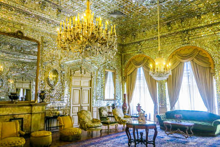 Tehran Golestan Palace Talar-e Brelian Brilliant Hall with Mirrors and Chandeliersのeditorial素材