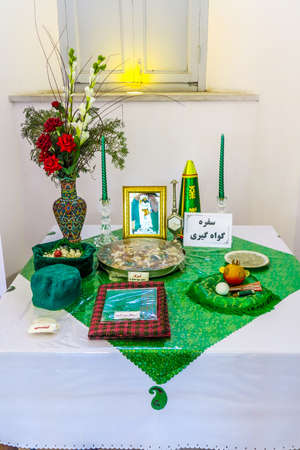 Yazd Atashkadeh Atash Behram Zoroastrian Temple Priest Prayer Items on Tableのeditorial素材