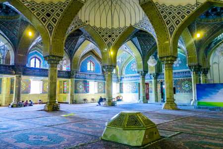 Qom Imam Hassan Asgari Mosque Blue Tiles Ceiling Interior Prayer Hall View with Chandeliersのeditorial素材