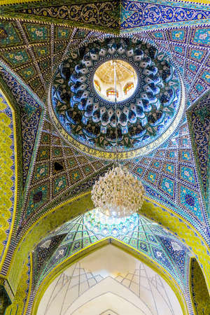 Qom Imam Hassan Asgari Mosque Blue Tiles Ceiling Interior Prayer Hall Dome View with Chandeliersのeditorial素材