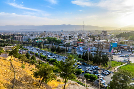 Shiraz Quran Gate Cityscape View Point at Sunset with Busy Road Traffic