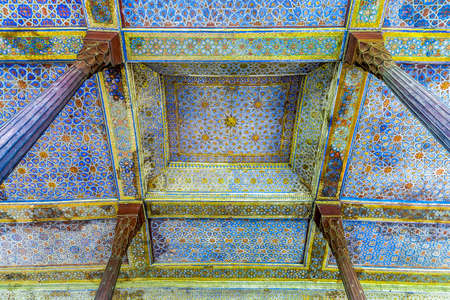 Isfahan Bagh-e Chehel Sotoun Forty Columns Palace with Wooden Pillars and Blue Colored Ornamented Ceilingのeditorial素材