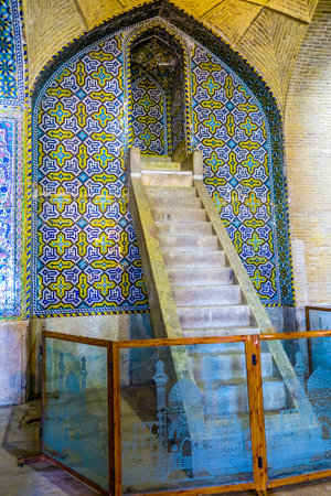 Shiraz Vakil Mosque Blue and Yellow Tiles Ornament Mihrab Facadeのeditorial素材
