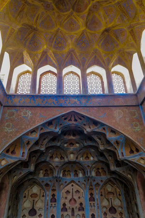 Isfahan Ali Qapu Royal Palace Music Instruments Art Room Ornament Wall Facade and Windows Muqarna...