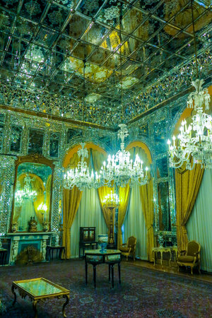 Tehran Golestan Palace Talar-e Brelian Brilliant Hall with Mirrors and Chandeliersのeditorial素材