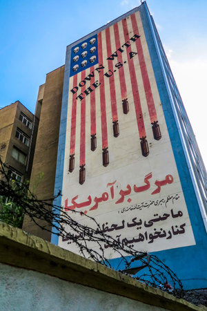 Tehran United States of America Flag with Depicted Skulls, Falling Bombs and 'Down with the USA'...