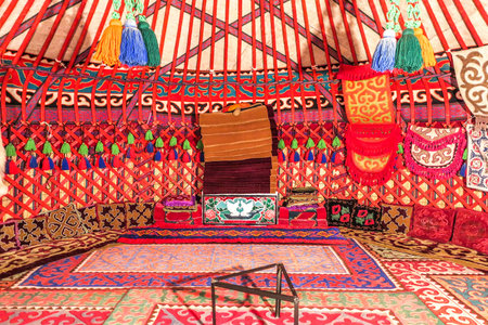 Cholpon Ata Rukh Ordo Cultural Center Traditional Kyrgyz Yurt Interior with Felt Carpet Ornamentのeditorial素材