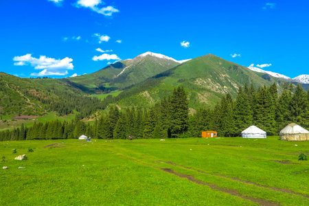 Karakol Gorge Resort with Landscape Snow Capped Terskey Ala Too Mountain Range Yurt Camp