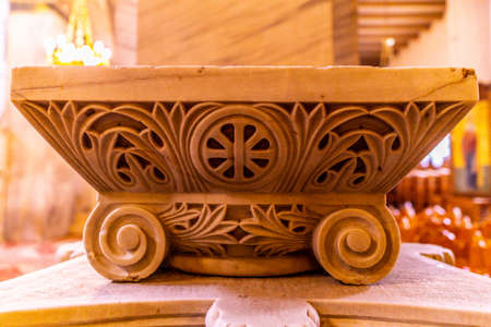 Thessaloniki Hagios Demetrios Cathedral Closeup Ionian Carving Relief Capital of a Columnのeditorial素材