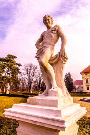 Slavkov u Brna Castle Palace Garden Sculpture Viewpoint with Blue Cloudy Sky at Wintertimeのeditorial素材