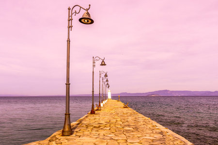 Pefkochori Leading Lines Street Lights Brick Stone Walkway Small Lighthouse Viewpoint at Sunset