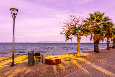 Pefkochori Promenade Street Trees and Street Light with Sandy Beach Shore Sea Viewpoint at Sunset