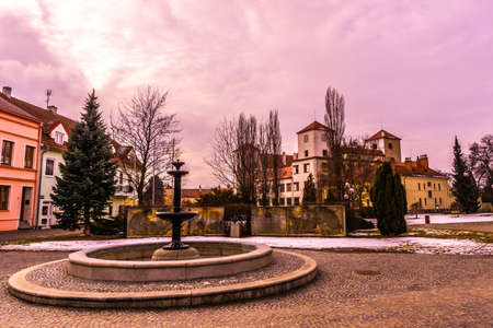 Bucovice Castle Chateau Viewpoint from the Namesty Svobody Square with Blue Cloudy Sky at Wintertimeのeditorial素材
