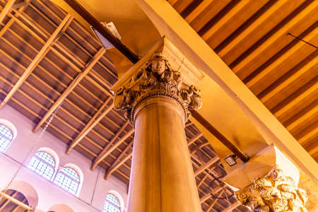 Thessaloniki Hagios Demetrios Cathedral Low Angle Column with Horned Sheep Stone Carving Relief Capitalsのeditorial素材