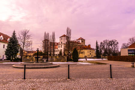 Bucovice Castle Chateau Viewpoint from the Namesty Svobody Square with Blue Cloudy Sky at Wintertimeのeditorial素材