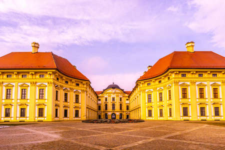 Slavkov u Brna Castle Palace Frontal Building Viewpoint with Blue Cloudy Sky at Wintertimeのeditorial素材