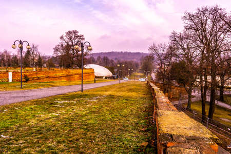 Slavkov u Brna Castle Palace Exit Walkway Viewpoint with Blue Cloudy Sky at Wintertimeのeditorial素材