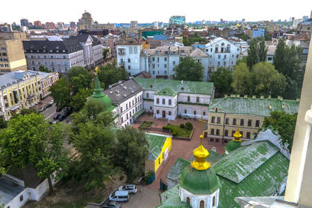 Kiev Sophia's Cathedral High Angle View of Saint Prince Yaroslav Church Green Colored Cupola with Golden Crossの写真素材