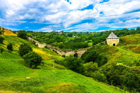 Khotyn Fortress Complex External Wall and Watchtower Ruins Landscape View