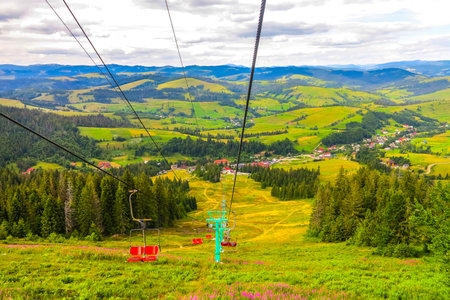 Pylypets Ski Resort Panoramic View of the Valley Cable Car and Ukrainian Carpathian Mountains in...