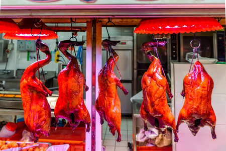 Hanging Roasted Five Chinese Peking Duck for Sale at Showcaseの写真素材