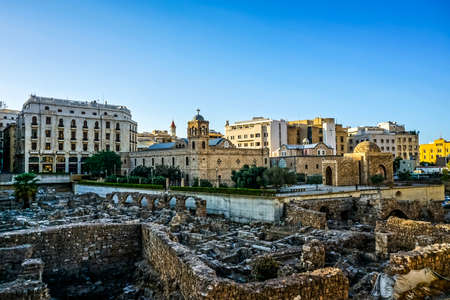 Beirut Roman Forum Ruins with Greek Orthodox Christian Cathedral in Backgroundの写真素材