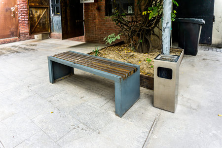Shanghai Moganshan Art District Wooden Bench with Metallic Ash Can