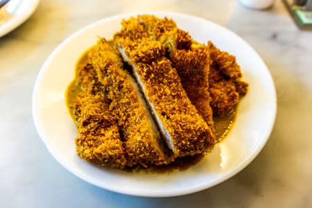 Deep Fried Hong Kong Pork Cutlet with Curry on a Plateの写真素材