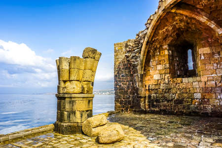 Sidon Crusaders Sea Castle Ruins with Pillar and Walls Viewの写真素材