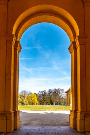 Lednice Valtice Cultural Landscape Area Complex Castle Riding Hall Main Gate Entrance Interior View with Picturesque Blue Sky in Springのeditorial素材