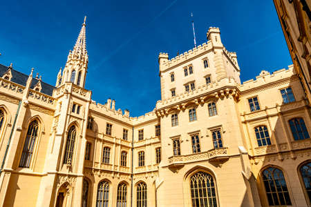 Lednice Valtice Cultural Landscape Area Complex Castle Low Angle View of Windows Main Tower with Picturesque Blue Sky in Springのeditorial素材