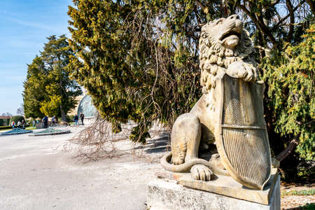 Lednice Valtice Cultural Landscape Area Complex Castle Sitting Stone Lion Sculpture Holding a Shieldのeditorial素材