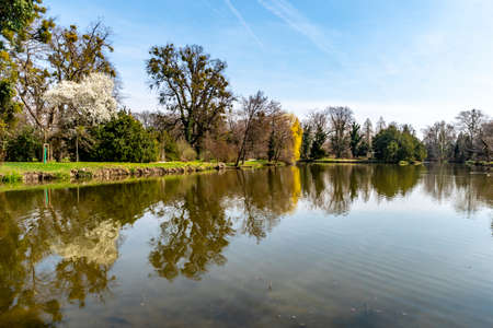 Lednice Valtice Cultural Landscape Area Complex Castle Garden Pond with Picturesque Blue Sky in Springの写真素材