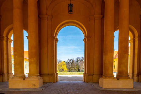 Lednice Valtice Cultural Landscape Area Complex Castle Riding Hall Main Gate Entrance Interior View with Picturesque Blue Sky in Springのeditorial素材