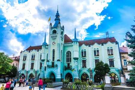 Mukachevo Saints Cyril and Methodius Square Ratusha City Hall Frontal Side Viewのeditorial素材