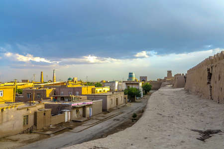 Khiva Old Town Common Traditional Architecture Residential Apartment Home House with Minaret Cityscape Viewpointの写真素材