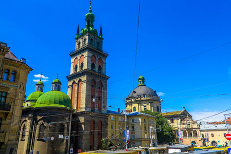 Lviv Assumption of the Blessed Virgin Mary Church with Green Colored Cupola Tower of Korniakt with...