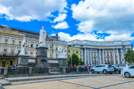 Kiev Princess Olga Monument with Picturesque Blue Sky White Clouds Background