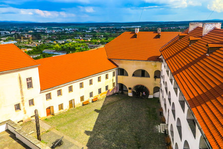 Mukachevo Palanok Castle High Angle Courtyard View and Cityscape at Background