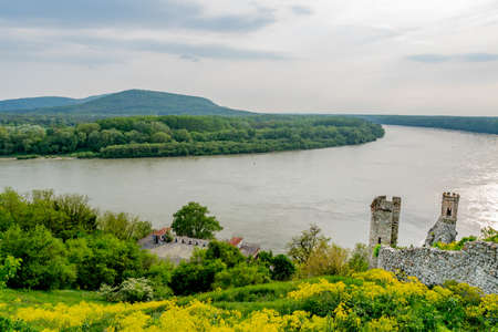 Devin Castle Two Watchtowers High Angle View with Breathtaking Picturesque Landscape Danube River Sight at Backgroundの写真素材