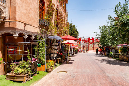 Kashgar Renovated Old City Uyghur Hat and Clothes Shops at Shopping Street on a Sunny Blue Sky Day